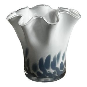 Zorza Hand Blown Art Glass Blue White Handkerchief Vase Ruffled Edge